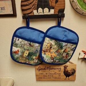 Blue Birdhouse Print Pot Holders - Set of 2